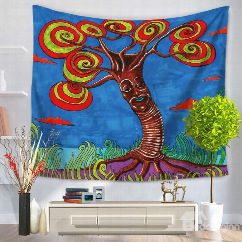 Oil Painting Tree With Circles-swirls Leaves Blue Hanging Wall Tapestry