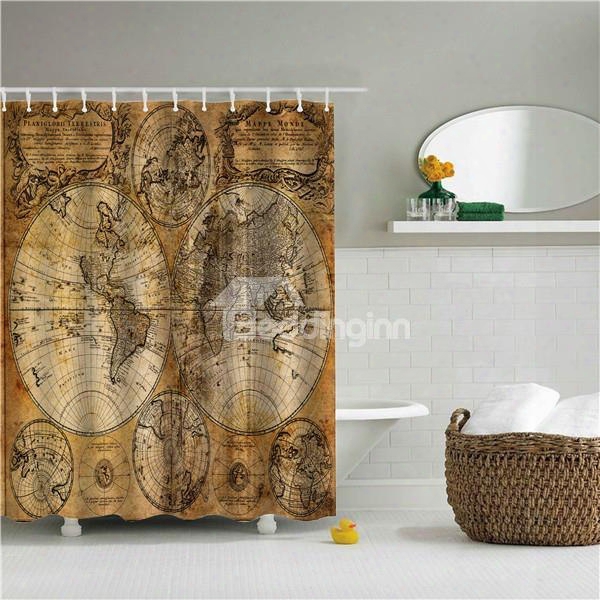 Old Map Printed Polyester Bathroom Shower Curtain