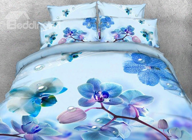 Onlwe 3d Blue Moth Orchids Printed Cotton 4-piece Beddding Sets/duvet Covers