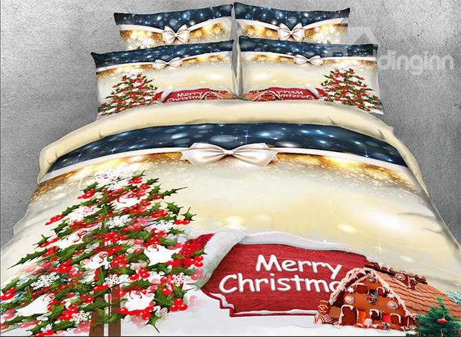 Onlwe 3d Christmas Tree And Cottage Printed Cotton 4-piece Bedding Sets/duvet Covers