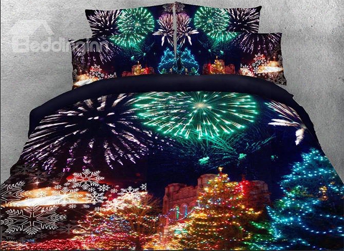 Onlwe 3d Christmas Trees And Fireworks Printed Cotton 4-piece Bedding Sets/duvet Covers