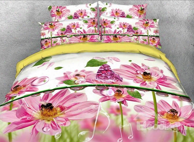 Onlwe 3d Pink Daisy And Music Notes Printed 4-piece Bedding Sets/duvet Covers