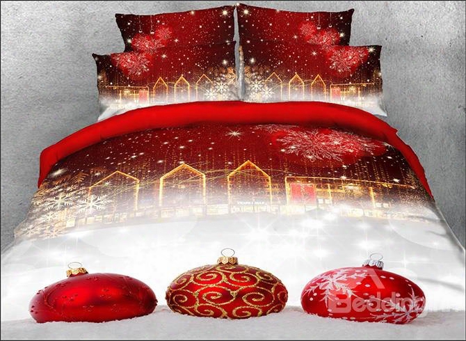 Onlwe 3d Red Christmas Ball Ornaments Printed Cotton 4-piece Bedding Sets/duvet Covers