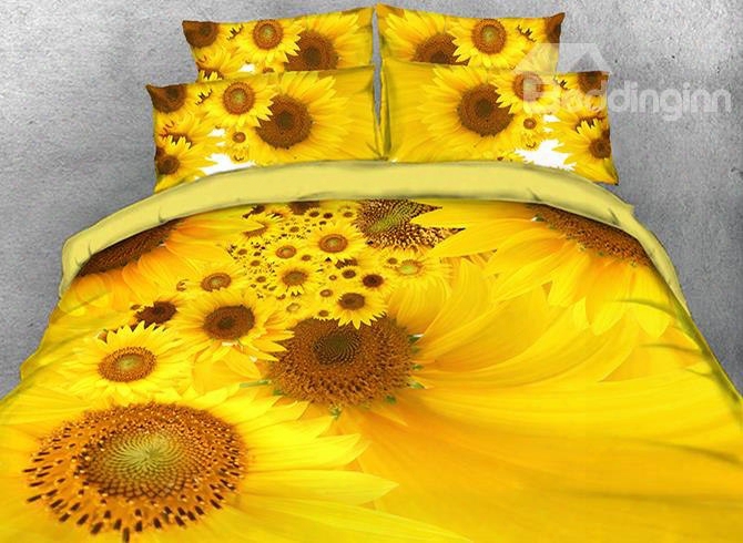 Onlwe 3d Yellow Sunflower Printed Cotton 4-piece Bedding Sets/duvet Covers