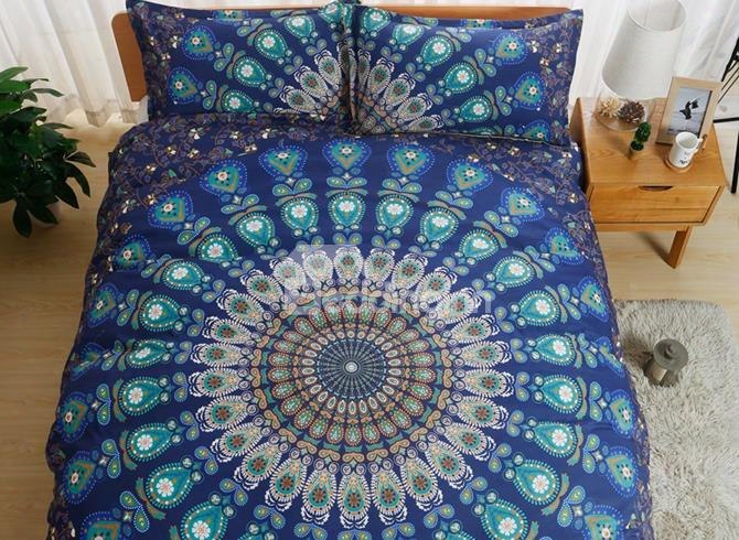 Peacock Mandala Print Blue Polyester 3-piece Bedding Sets