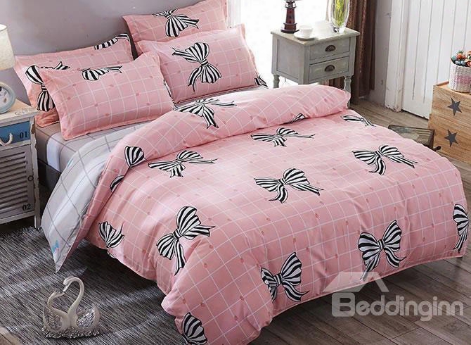 Pink Plaid Bowknot Prints Polyester Bedding Sets/duvet Covers