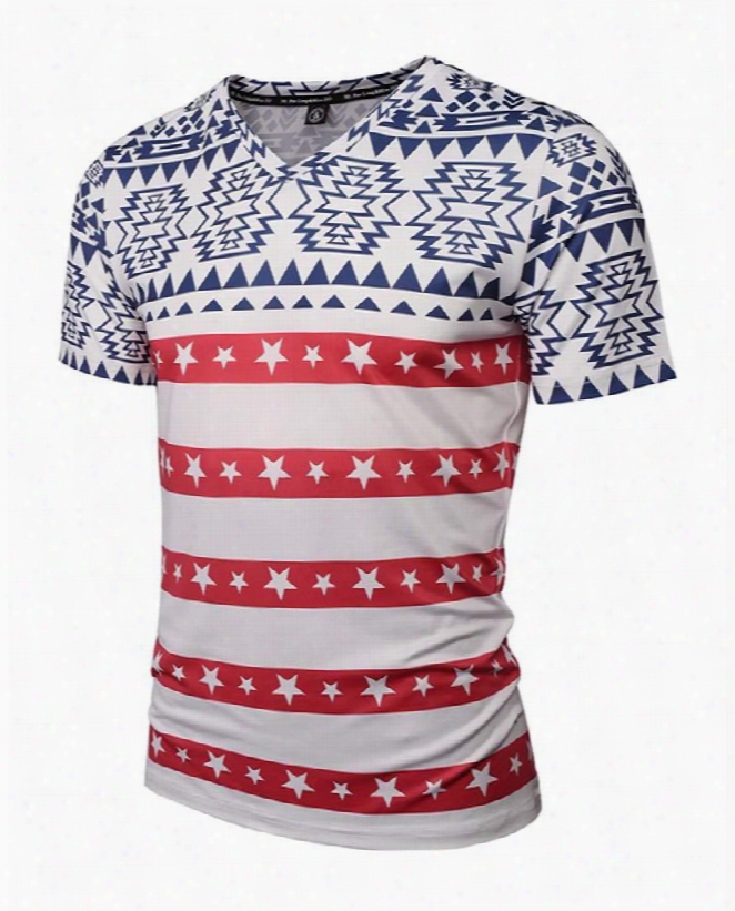 Popular Vneck Stripe And Stars Pattern 3d Painted T-shirt