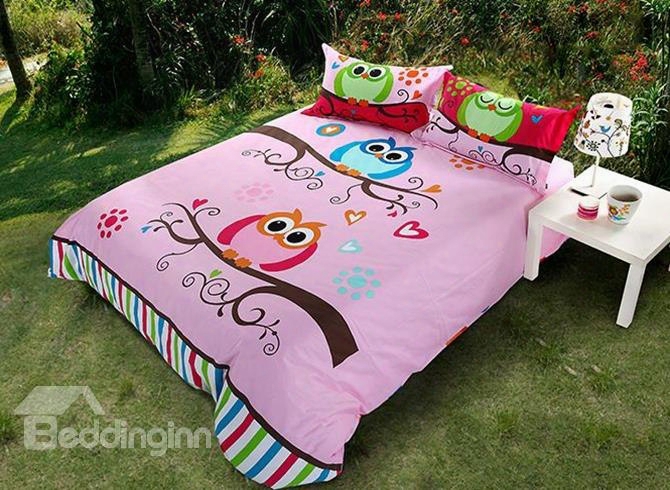 Pretty Lovely Owl Print Pink 4-piece Cotton Duvet Cover Sets