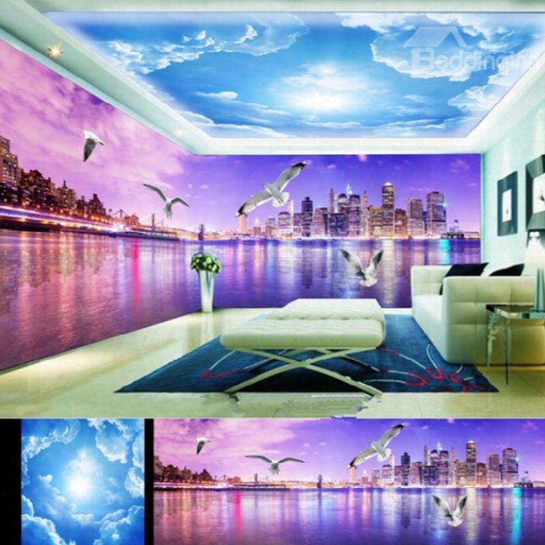 Purple City Scenery And Blue Sky Pattern Combined 3d Ceiling And Wall Murals