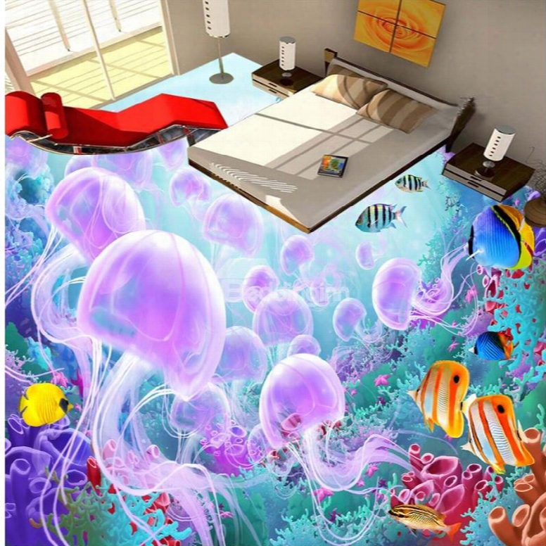 Purple Jellyfishes And Colorful Fishes Print Home Decorative Wwaterproof 3d Floor Murals