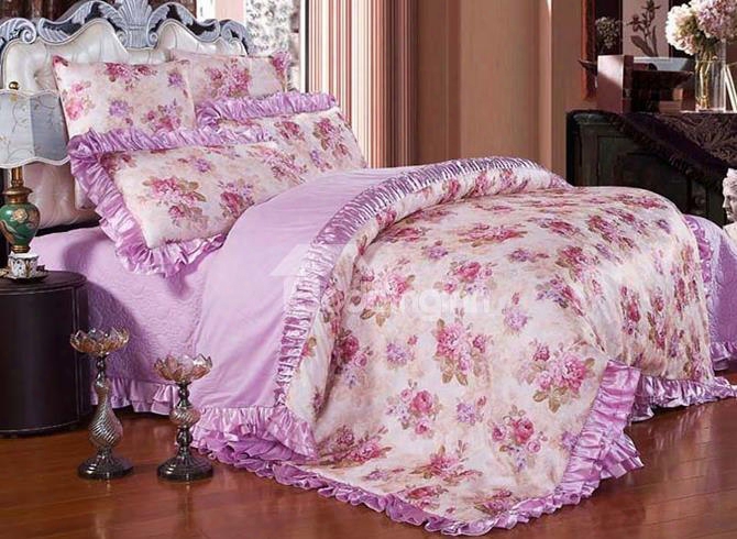 Purple Peonies Pattern Princess Style 6-piece Cotton Sateen Bedding Sets/duvet Cover