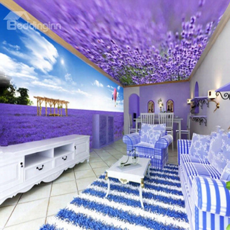 Purple Romantic Lvender Field Pattern Design Combined 3d Ceiling And Wall Murals