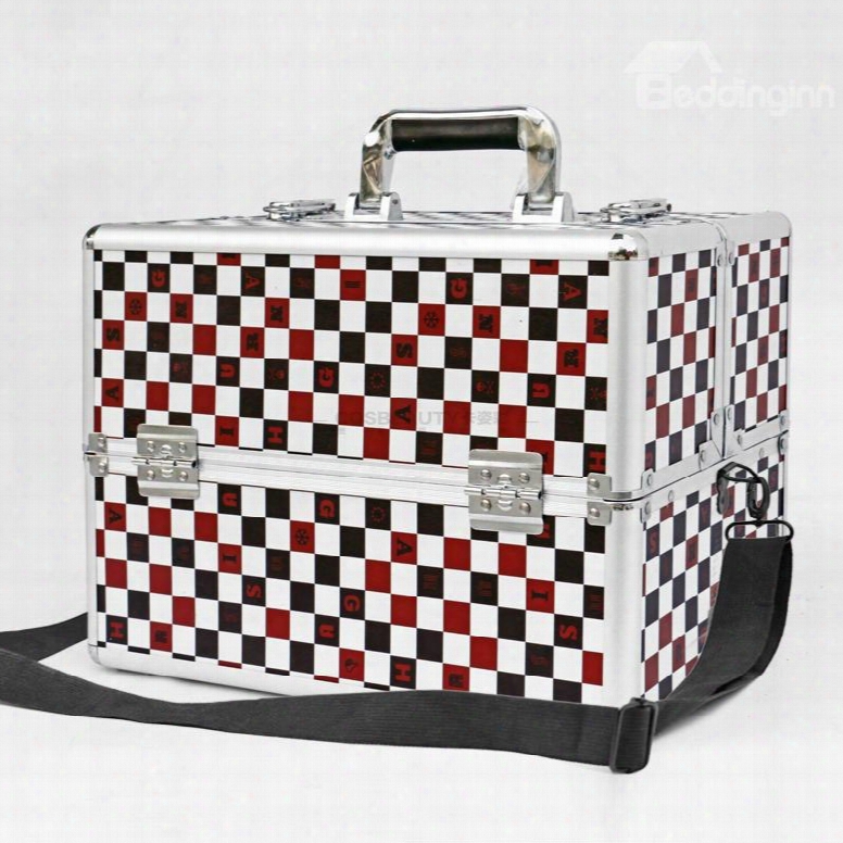 Red And Black Lattice Printed Professional Portable Cosmetic Case