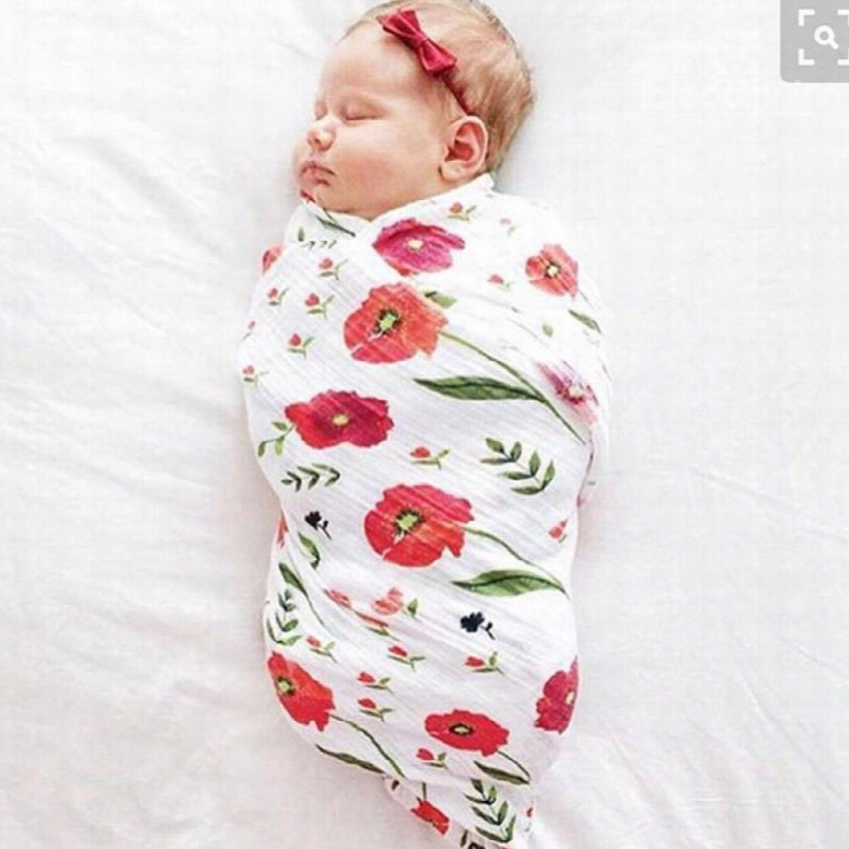 Red Flowers Printed Bamboo Fiber 2-layer White Baby Sswaddle Blanket