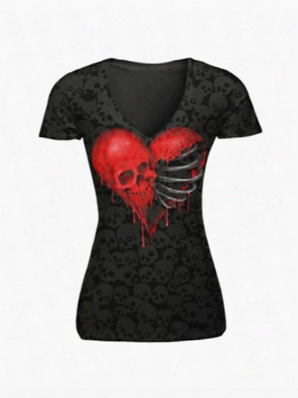 Red Skull Heads With Skeleton Polyester V-neck Black Female 3d T-shirts