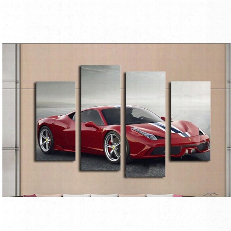 Red Sports Car Hanging 4-piece Canvas Waterproof And Eco-friendly Non-framed Prints