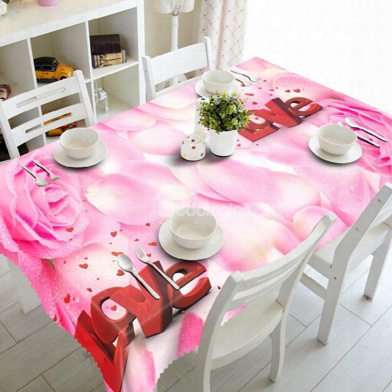 Romantic Love Pink Rose Petals Prints Polyester Fibre Washable 3d Tablecloth