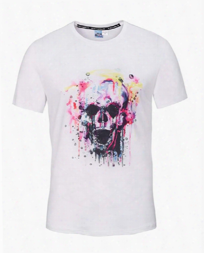 Round Neck Creative Skull Patttern White 3d Painted T-shirt