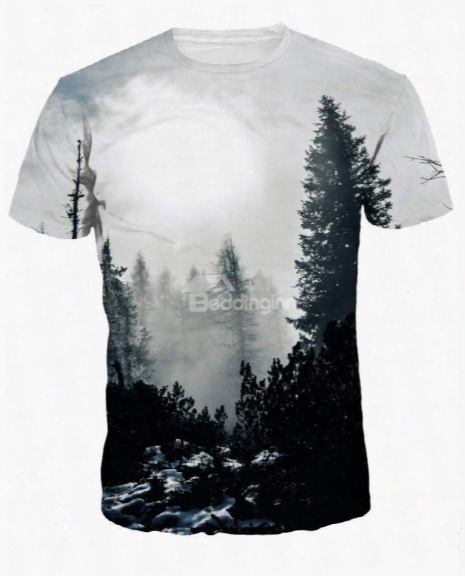 Round Neck Gray Trees Pattern 3d Painted T-shirt