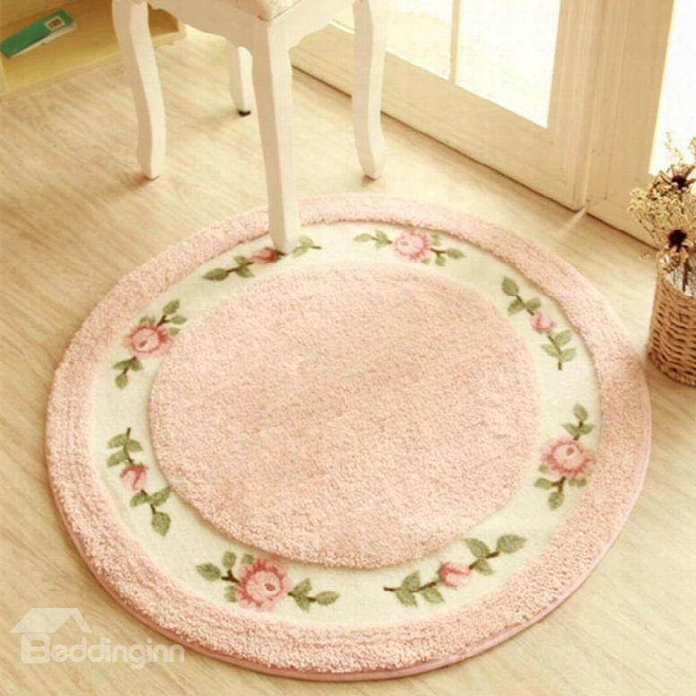 Round Pink Country Style Flower Decoration Soft Washable Area Rug