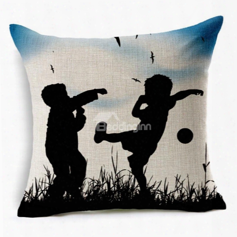 Silhouette Of Children Playing Outside In The Grass Print Throw Pillow
