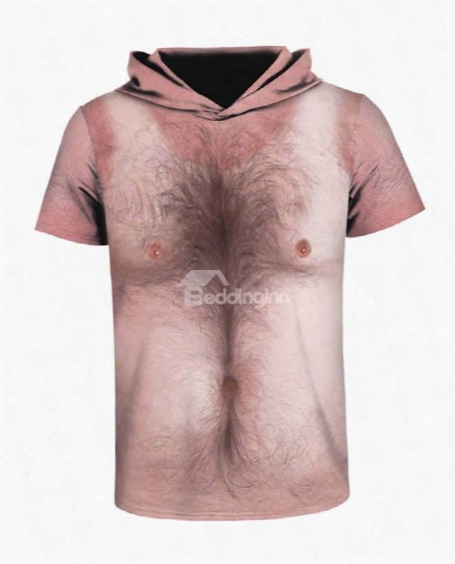 Simulation Chest Hair Round Neck 3d Short Sleeve For Men Hooded T-shirt