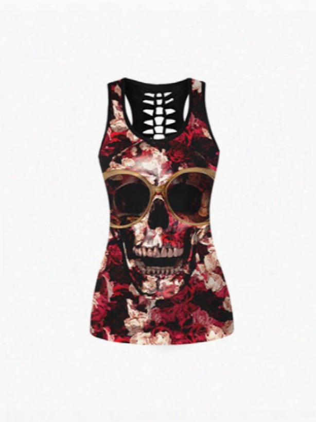 Skull Head With Flower Printing Sports Round Neck Female 3d Tops