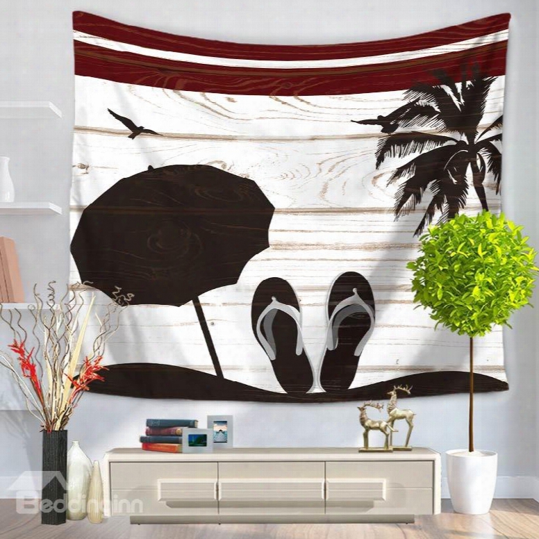 Slipper Umbrella And Coconut Tree Sea Beach Printed Casual Style Hanging Wall Tapestry