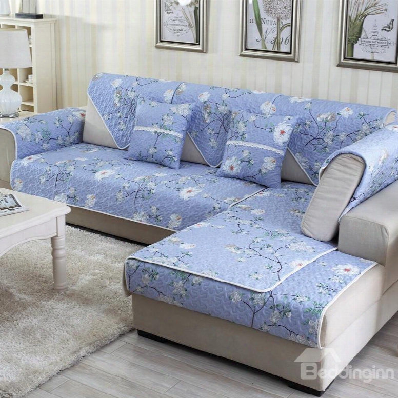 Soft Country Style White Flowers Pattern Washable Cushion S1ip Resistant Four Seasons Sofa Cover