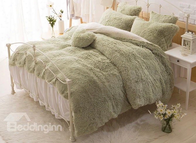 Solid Green And White Color Blocking Fluffy 4-piece Bedding Sets/duvet Cover