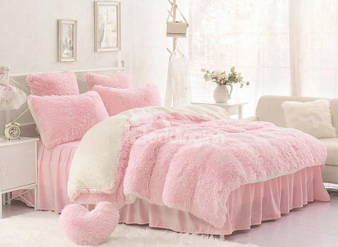 Solid Pink And Creamy White Color Blocking Fluffy 4-piece Bedding Sets/duvet Cover