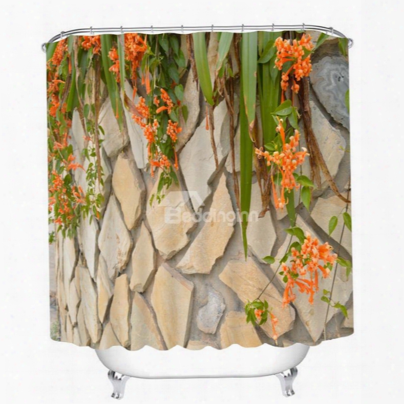 Stone Wall With Orange Flowers 3d Printed Bathroom Waterproof Shower Curtain
