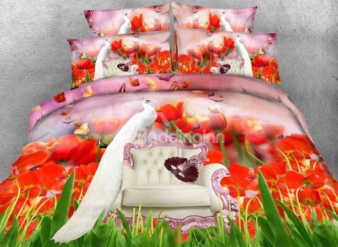 Stunning White Peacock And Tulip Print 5-piece Comforter Sets