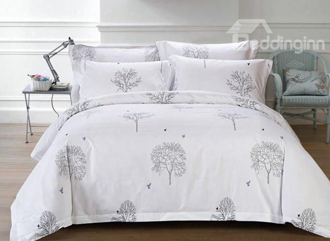 Stylish Tree Print White 4-piece Cotton Duvet Cover Sets