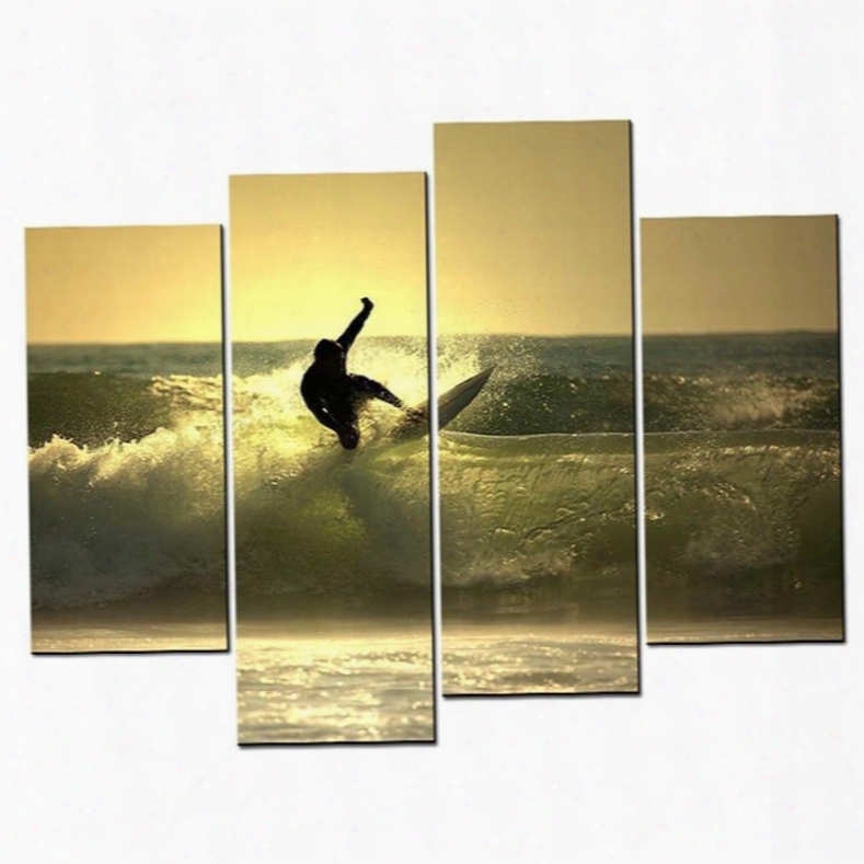 Surfing On The Sea Hanging 4-piece Canvas Yellow Non-framed Wall Prints
