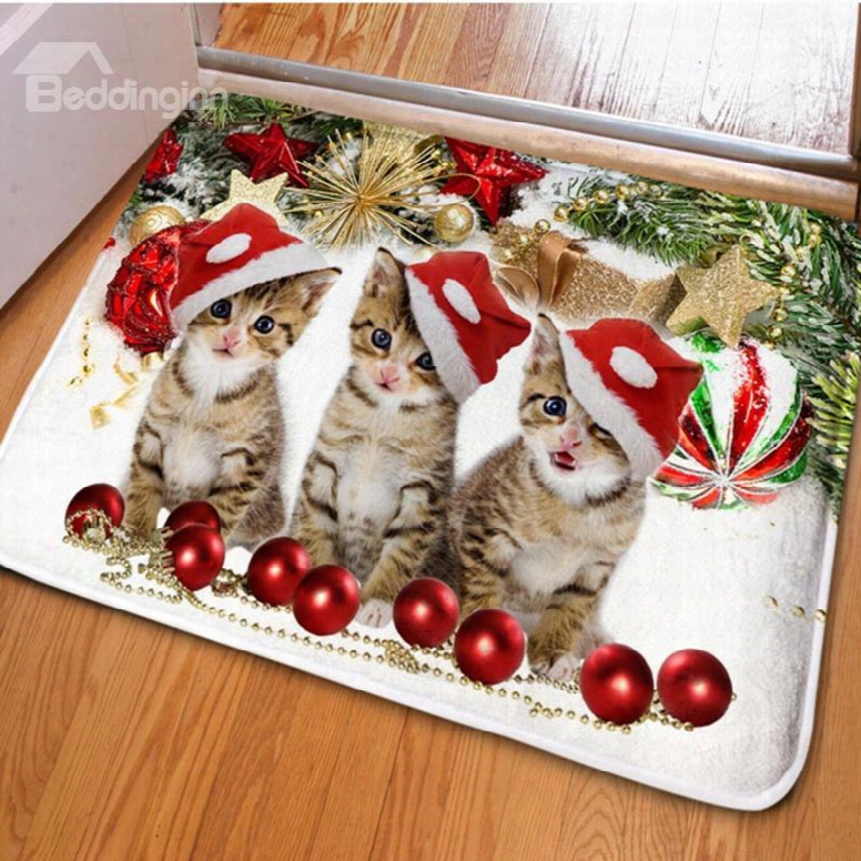 Three Lovely Cute Cats Print Rectangle Non Slip Christmas Decoration Doormat