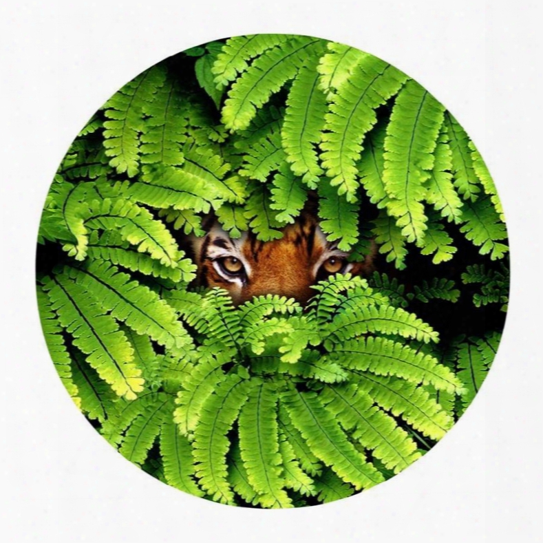 Tiger Eyes Hidding Behind Green Leaves Pattern Pvc Nonslip Round Doormat