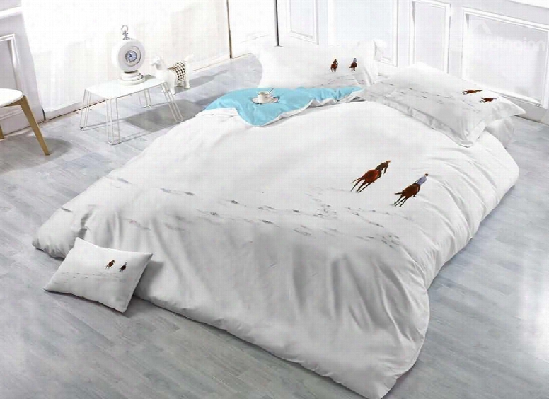 Two Person Riding Horse In White Snow Field Cotton Luxury 3d Printed 4-pieces Bedding Sets/duvet Covers