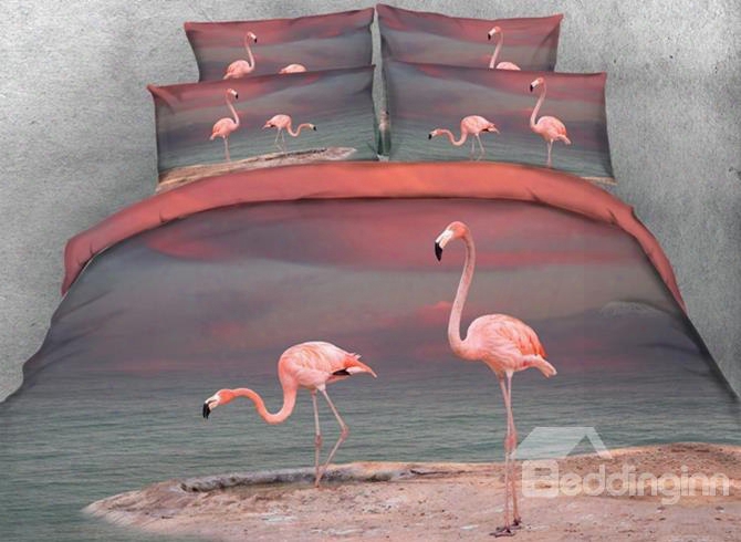 Two Pink Flamingos By The Sea Print 5-piece Comforter Sets