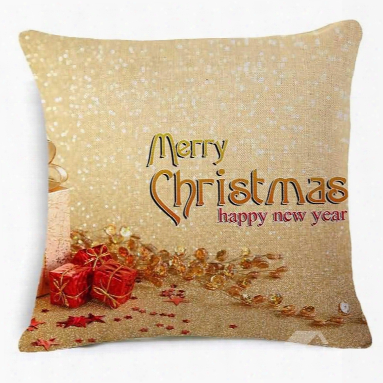 Typography Merry Christmas And Gift Print Golden Throw Pillow
