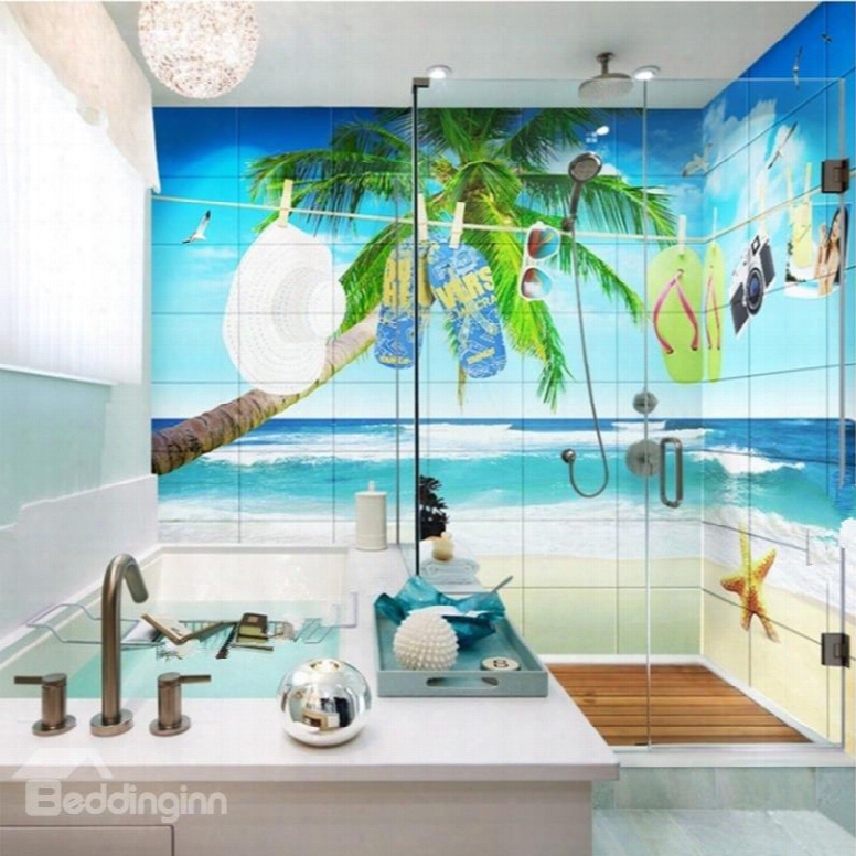 Unique Seaside Scenery Pattern Design Waterproof 3d Bathroom Wall Murals