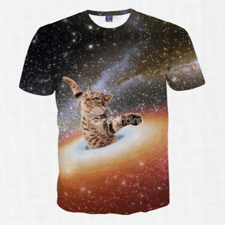 Vigorous Round Neck Cat And Universe Pattern3 D Painted T-shirt
