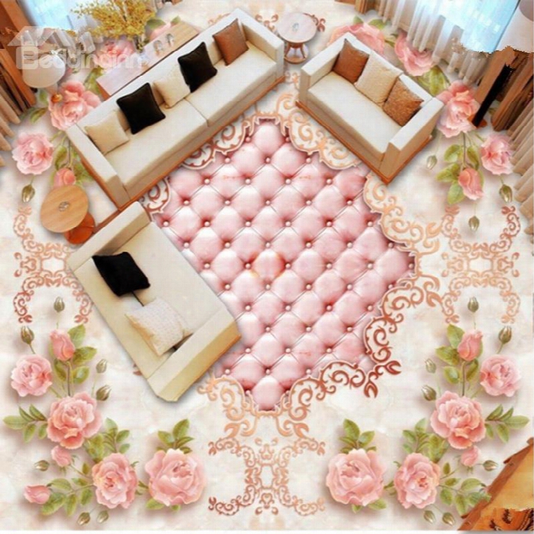 Warm Bright Pink Flower Print Nonslip And Waterproof Home Decorative 3d Floor Murals