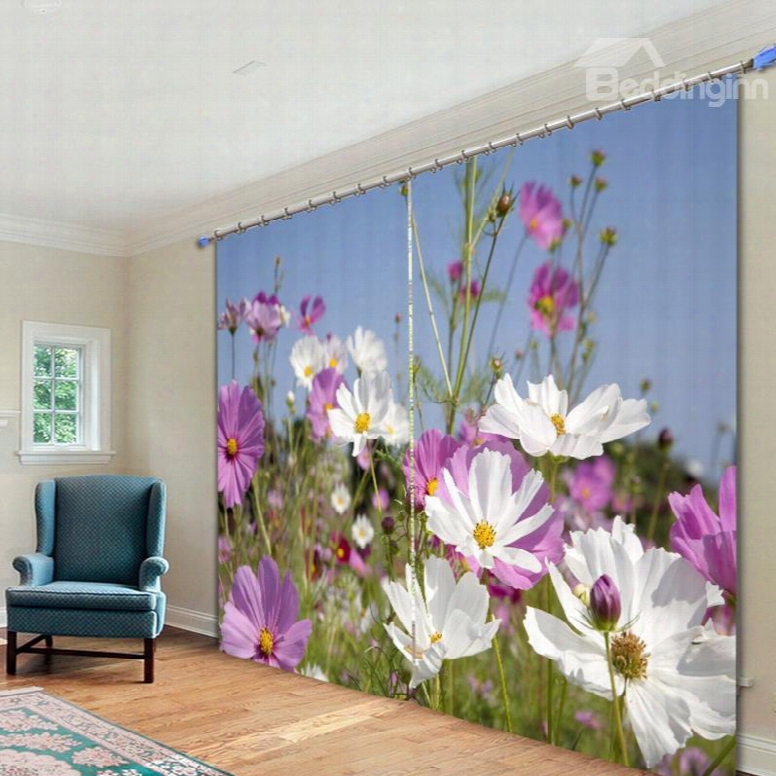 White And Purplecoreopsis Sea 3d Printed Polyester Curtain