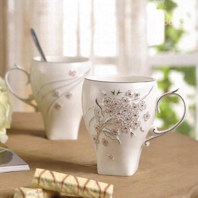 White Mug With Pink Diamond Flowers Concise Style Coffee And Milk Cups