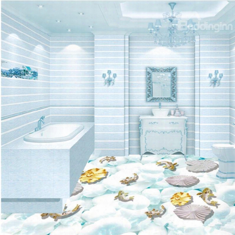 White Pebbles And Goldfishes In Limpid Ater Print Waterproof 3d Floor Murals