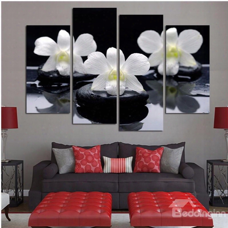 White Phalaenopsis Hanging 4-piece Canvas Eco-friendly Dampproof Non-framed Wall Prints