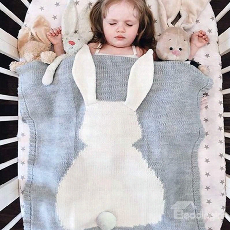 White Rabbit Pattern Cotton Knit Gray Baby Blanket