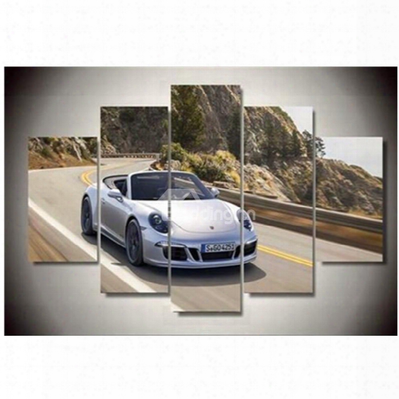 White Sports Car Hanging 5-piece Canvas Eco-friendly And Waterproof Non-framed Prints