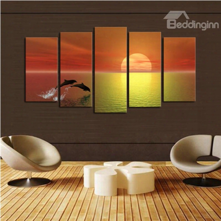 Yellow Sunrise Above Sea Level 5-panel Canvas Hung Non-framed Wall Prints